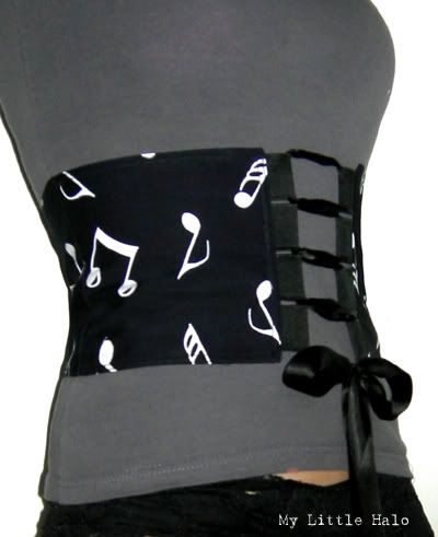 black and white music print corset belt