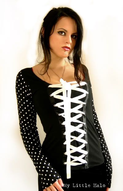 black and white polka dot sleeves top with lace up front