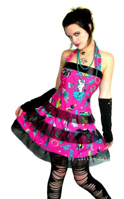  rah-rah dresses, one in bright pink cotton with oldskool tattoo print, 