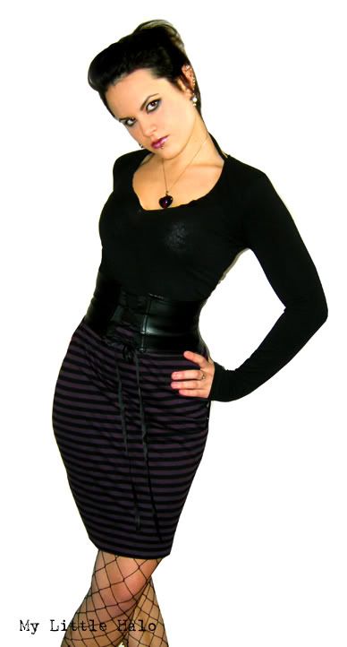 purple and black stripe high waisted pencil skirt