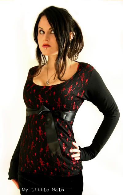 red and black skeletons bow top