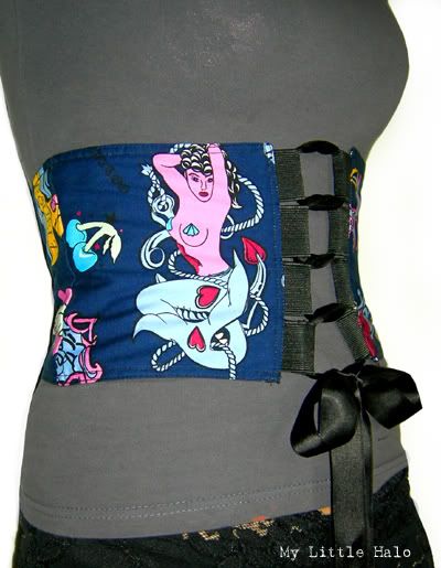 navy retro tattoo print corset belt