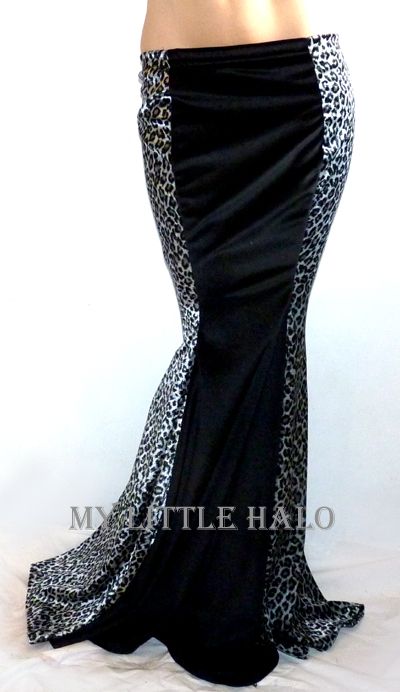 black and leopard print velvety floor length fish tail skirt