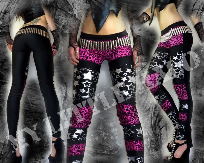 Pink Leopard Print and Silver Stars Glam Rock Leggings