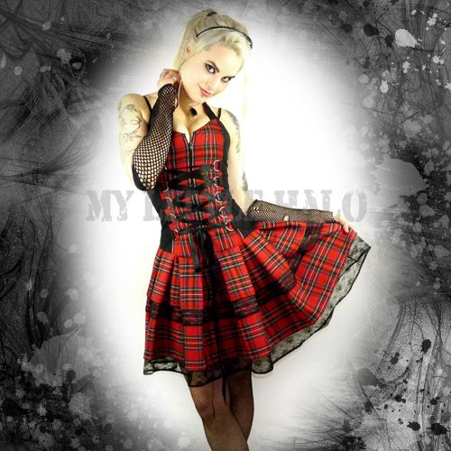 red, black tartan punk dress