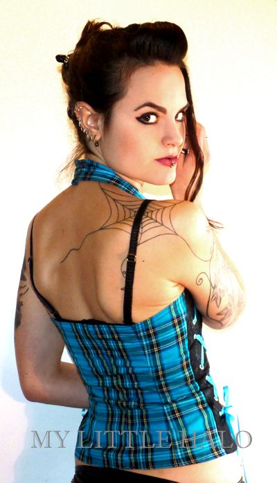 turquoise emo, punk tartan lace up corset top