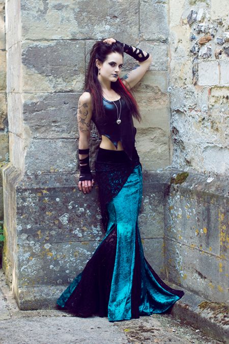 black wet look spikey vest & jade velvet gothic fishtail skirt