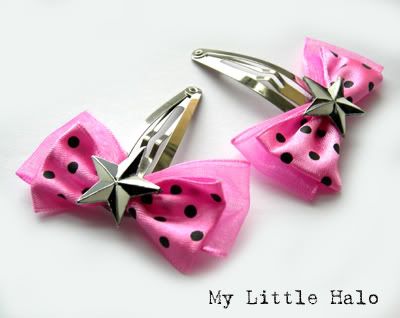 Pink polka dot bow clips with black and white nautical stars