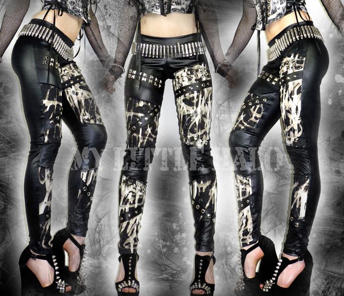 asymmetrical bleached denim studded rock leggings