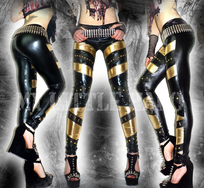 black and gold wet look studded leggings