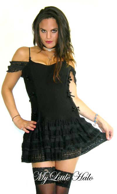 gothic black lace mini dress with black bows