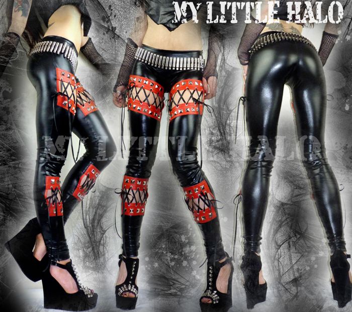  red black wet look studded lace up leggings