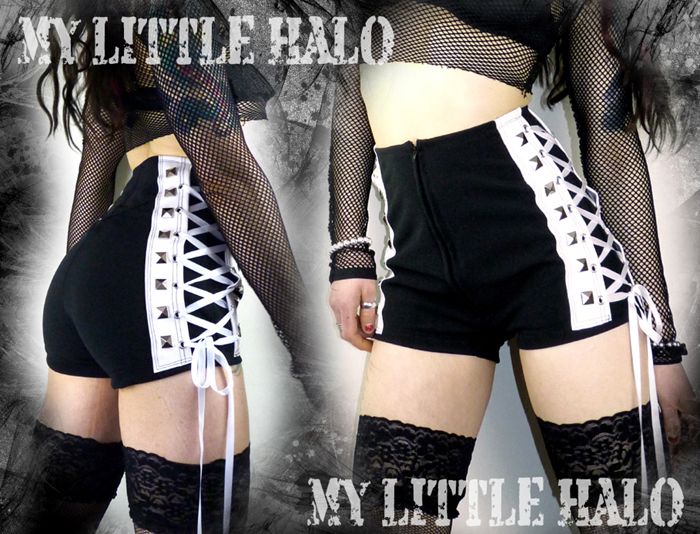 black white lace up high waisted hot pants