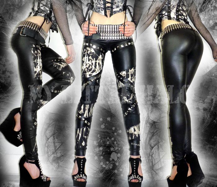 one of a kind bleach denim studded leggings