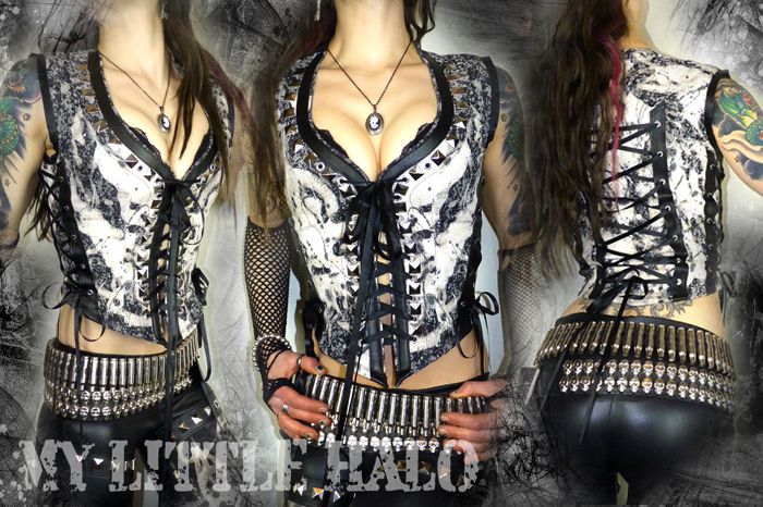 one of a kind bleach denim studded lace up vest