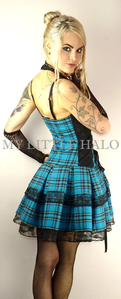 turquoise tartan lace up corset dress