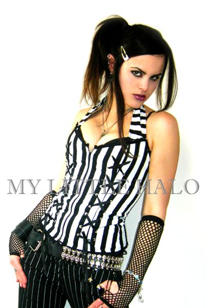 black and white emo stripe lace up corset top
