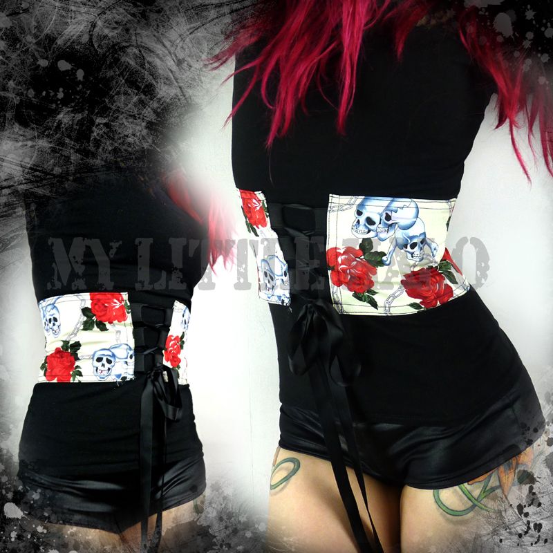 emo punk skulls and roses print corset belt