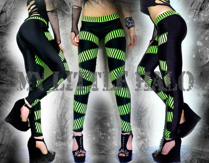 Fluorescent green stripe punk leggings