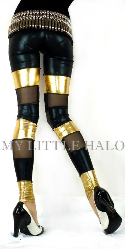 black and gold metallic lycra stripey patchwork leggings