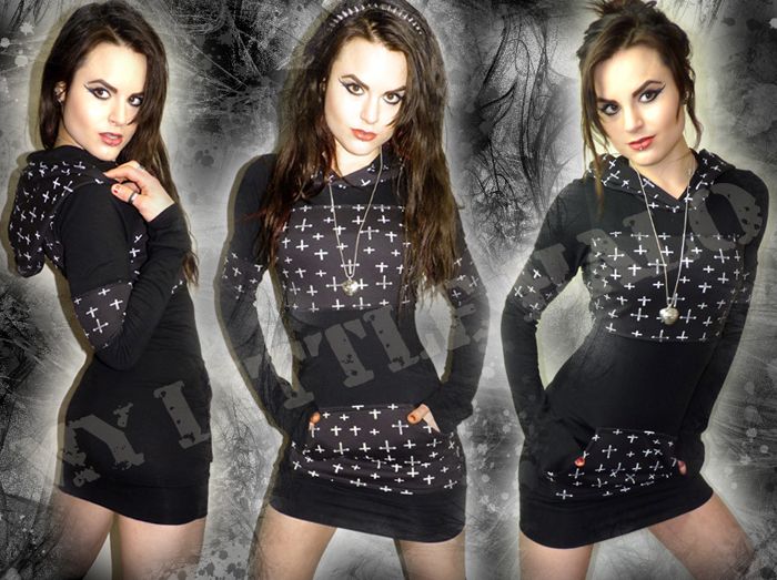 black/white gothic crosses hooded dress top