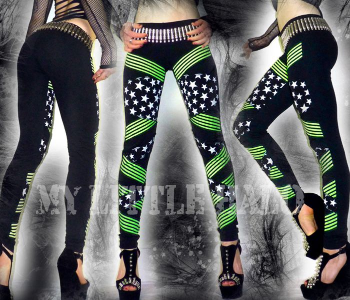 Fluorescent Green Stripe and Star Print Leggings