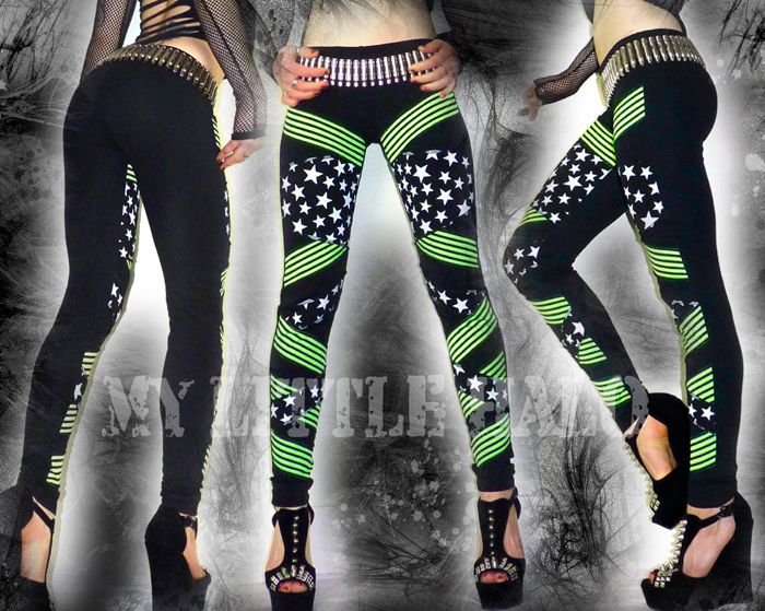 fluorescent green stripe and star print unique leggings