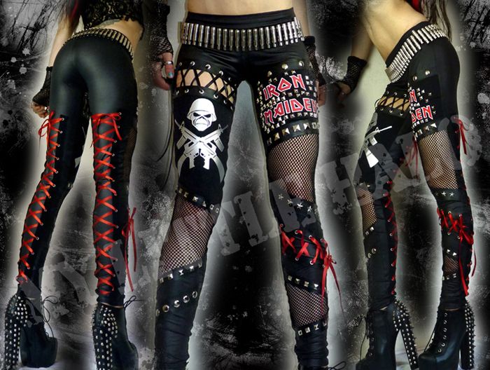 Iron Maiden Red/Black Heavy Metal Studded Leggings