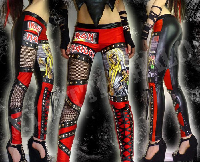 Red/Black Iron Maiden Killers Studded Fishnet leggings