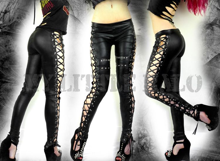 black faux leather lace up studded leggings