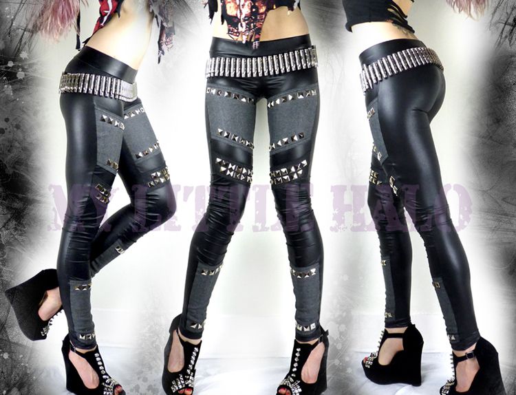 black faux leather studded glam rock leggings