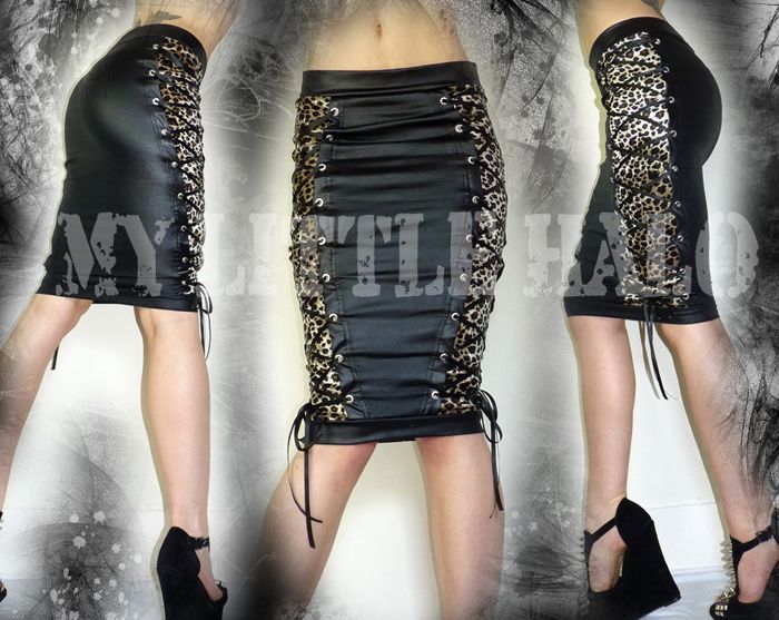 Leather Look & Leopard Print High Waisted Pencil Skirt