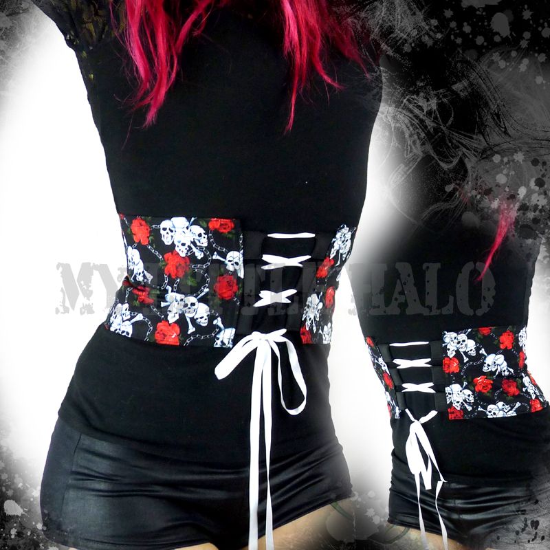black skulls and roses print corset belt