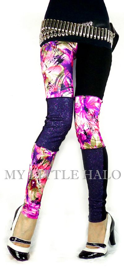 Purple & pink floral sparkly patchwork punk leggings