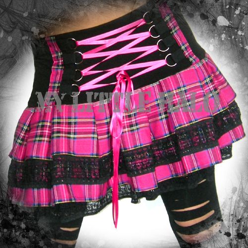 hot pink tartan lace up mini skirt
