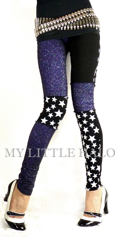 purple sparkle and stars patchwork leggings