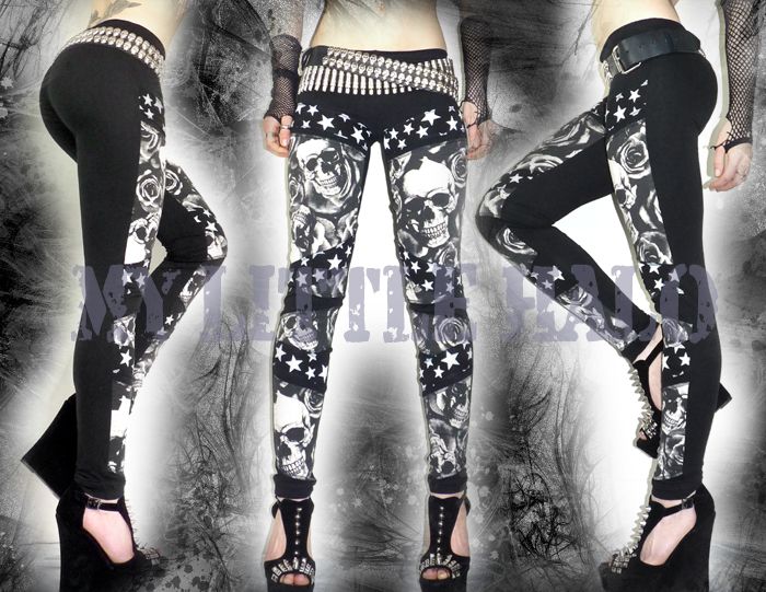 Skulls, roses and star print emo goth leggings