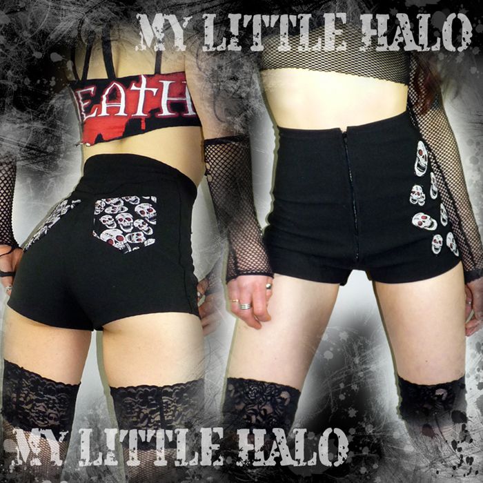 high waisted black skull print hot pants