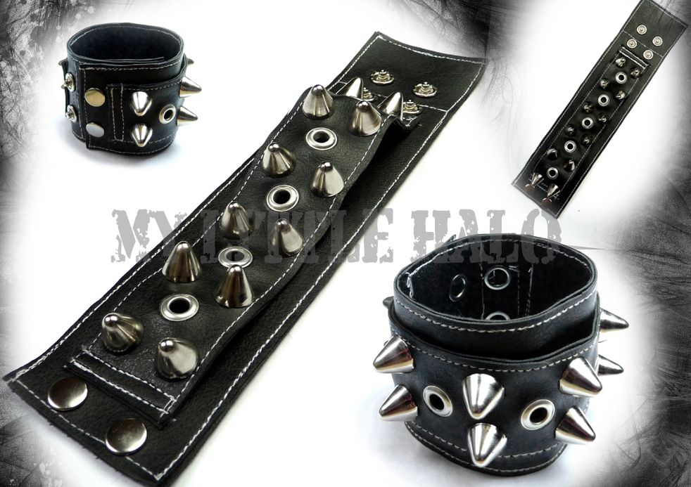 silver cone studded leather wrist strap