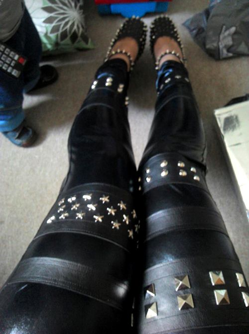 black wet look studded glam rock leggings