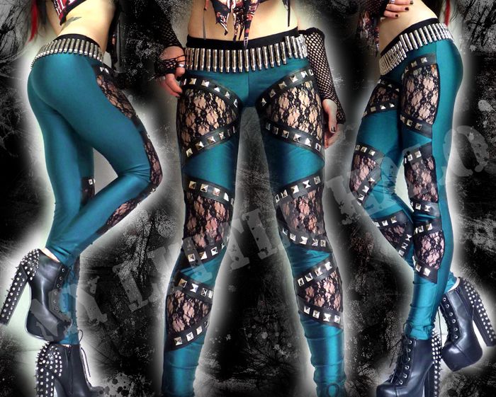 black lace and teal lycra studded leggings