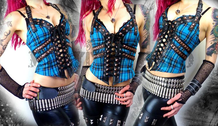 tartan studded rocker chick metal lace up bustier