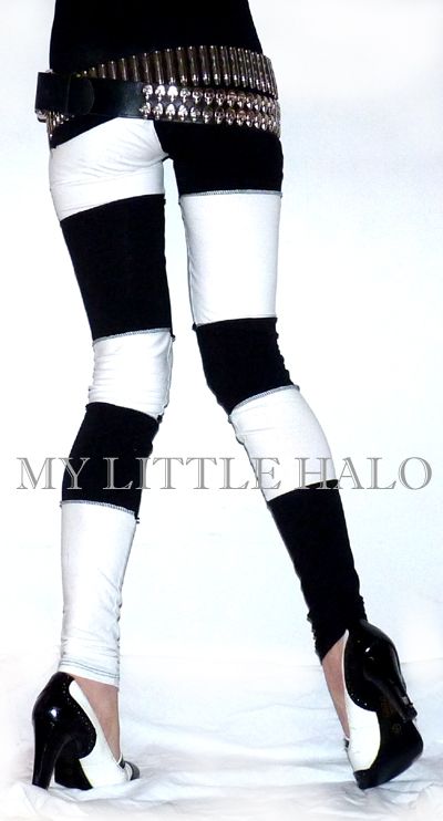 black and white two tone stripey patchwork leggings