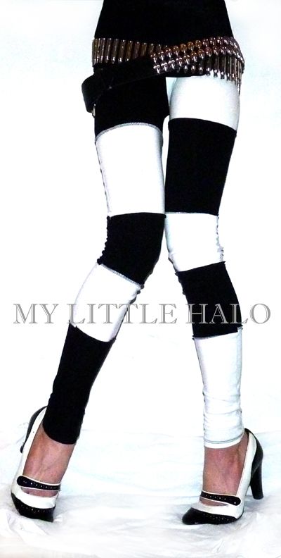 black and white two tone stripey patchwork leggings