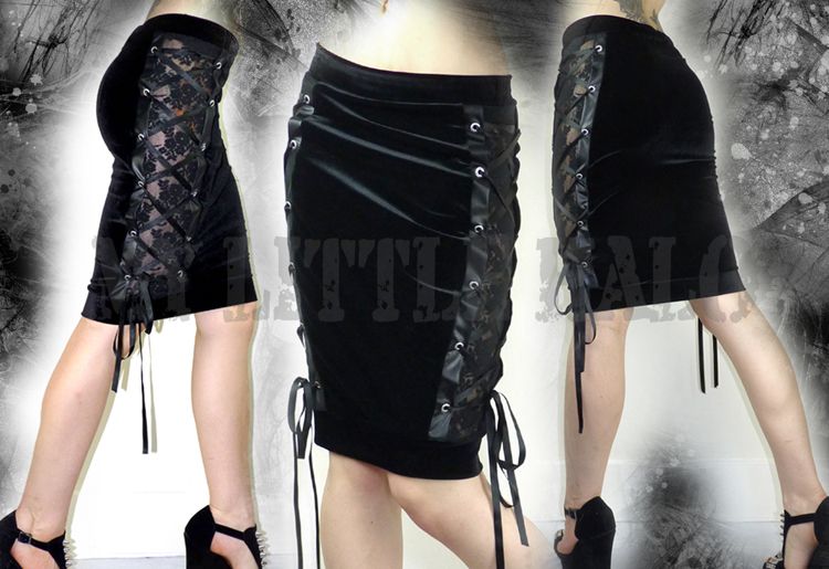 gothic velvet lace up black pencil skirt