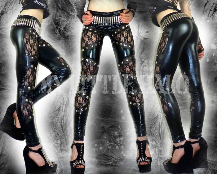  black wet look lace studded leggings