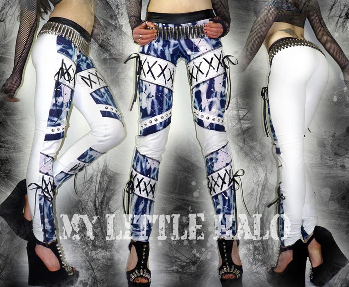 white wet look and denim studded lace up leggings