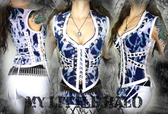bleached denim and white faux leather lace up vest